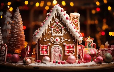 Fototapeta na wymiar Gingerbread house surrounded with candy canes, gumdrops, and icing