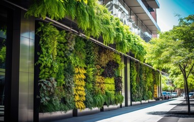 High-tech vertical garden installed on the side of a city building, showcasing a variety of plants with the modern architectural design of the surrounding skyscrapers	
