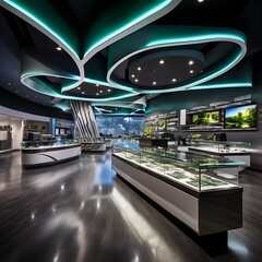 Retail interior layout with high ceilings and a modern or futuristic feel, perfect for a dispensary or bar - obrazy, fototapety, plakaty