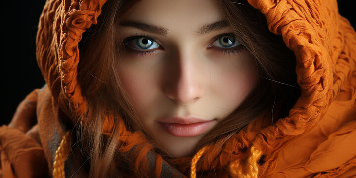 H&uuml;bsche Frau mit Kaputze und edler Visagistik schaut in die Kamera im Querformat f&uuml;r Banner, ai generativ