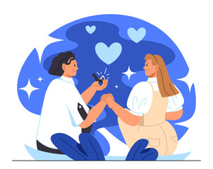 Couple at propose day concept. Man give woman ring with diamond. Love, romance and passion. Bride and groom, wife and husband. People at romantic date. Cartoon flat vector illustration