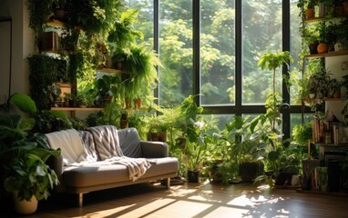 Fototapeta premium A vertical garden incorporated into a home interior, featuring cascading plants in a living room corner, adding a touch of nature to indoor spaces and enhancing air quality