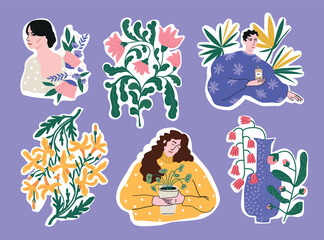 Abstract flower sticker set. Trendy botanical wall arts with floral plants, leaves, woman portrait in doodle style. Modern naive groovy funky interior decorations, paintings.