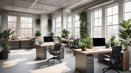 Modern office with ergonomic setup and indoor plants for productivity