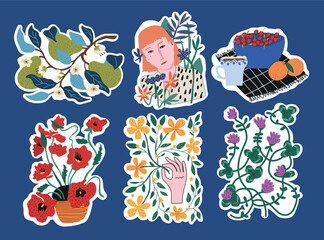 Abstract flower sticker set. Trendy botanical wall arts with floral plants, leaves, woman portrait in doodle style. Modern naive groovy funky interior decorations, paintings.