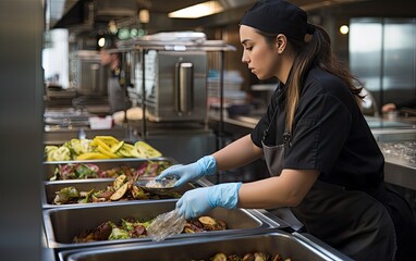 Young woman separating food waste for composting, demonstrating the commitment to reducing restaurant food waste and promoting sustainability