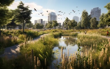 Rewilded wetland area within a city park, featuring a mosaic of wetland plants and habitats that attract diverse wildlife, demonstrating the potential of restoring urban ecosystems - obrazy, fototapety, plakaty