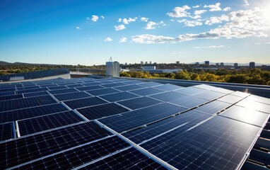 Solar Power Revolution. Solar panels glisten on rooftops, emphasizing the growing trend of renewable energy adoption and sustainable power generation	