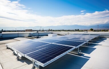 Solar Power Revolution. Solar panels glisten on rooftops, emphasizing the growing trend of renewable energy adoption and sustainable power generation	