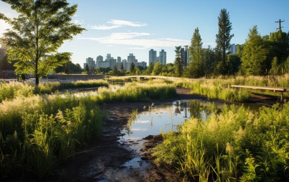 Rewilded wetland area within a city park, featuring a mosaic of wetland plants and habitats that attract diverse wildlife, demonstrating the potential of restoring urban ecosystems