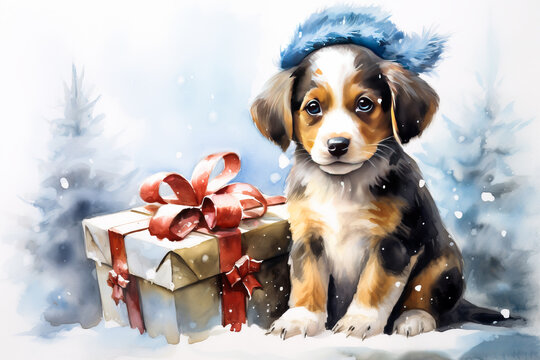 Little cute puppy in Christmas decoration. Watercolor illustration of Christmas celebrating with pet.