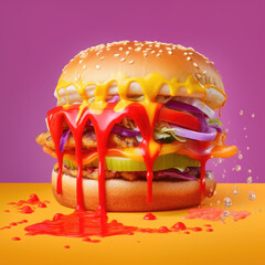 Obraz premium A hamburger with a rainbow of colors is dripping down the side of it