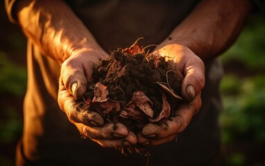 Farmer holding a clump of rich, dark soil in hands  showcasing the end result of composting and its benefits for soil health - obrazy, fototapety, plakaty