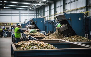 A food waste recycling facility in action, with employees sorting organic waste for composting, highlighting sustainable waste management practices