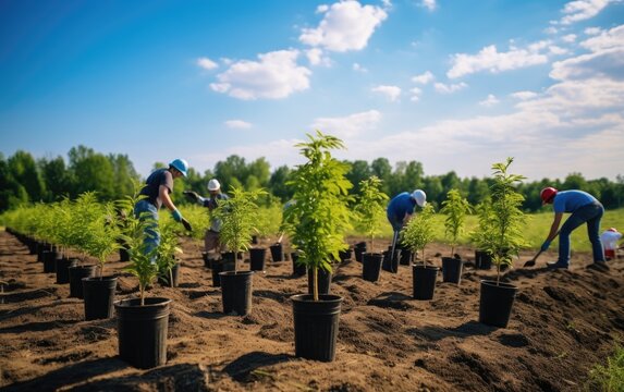 Group of volunteers planting trees and creating a green urban park as part of the rewilding efforts in the city	