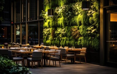 Fototapeta na wymiar Vertical garden on a restaurant patio, providing a natural backdrop for outdoor dining and showcasing the integration of greenery with urban design