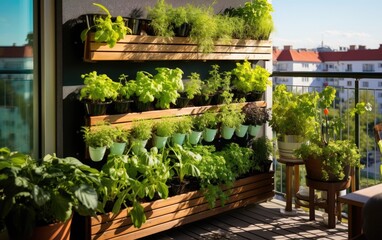 A balcony transformed into a vertical herb garden, with rows of potted herbs and small plants arranged in a space-saving manner, demonstrating the potential of vertical gardening in limited spaces