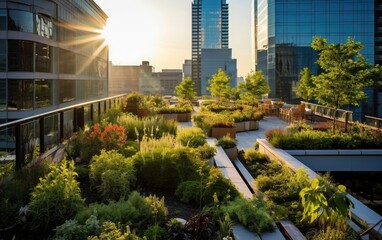 Fototapeta premium Rewilded rooftop garden on a city skyscraper, featuring native plants, birdhouses, and water features, demonstrating the potential of incorporating green spaces into urban architecture