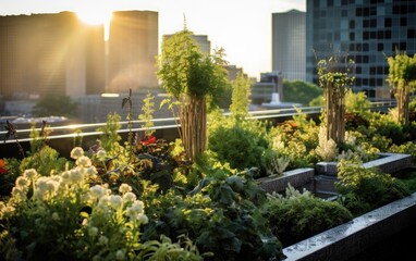 Fototapeta premium Rewilded rooftop garden on a city skyscraper, featuring native plants, demonstrating the potential of incorporating green spaces into urban architecture