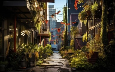 A rewilded neighborhood alley, transformed into a lush, shaded pathway with trees and climbing plants, creating a cool and inviting pedestrian route