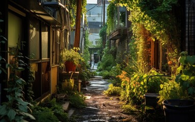 Fototapeta na wymiar A rewilded neighborhood alley, transformed into a lush, shaded pathway with trees and climbing plants, creating a cool and inviting pedestrian route