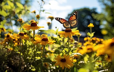 Butterflies flying over colorful blooming flowers in an urban park, demonstrating the importance of providing habitat for local wildlife in the cityscape	 - obrazy, fototapety, plakaty