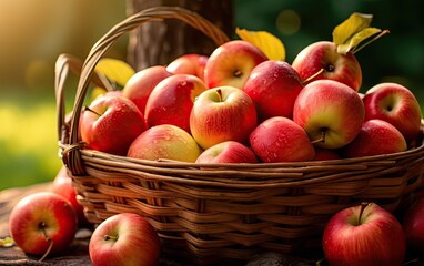 A basket of delicious red apples in nature