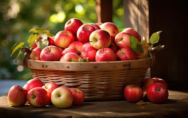 A basket of delicious red apples in nature