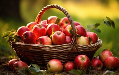 A basket of delicious red apples in nature