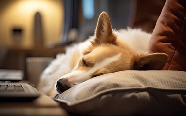 A close-up of a dog sleeping in its pet bed under an employee's desk, highlighting the integration of pets into the work routine and the comfort they bring to the office