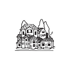 landscape illustration, nature handrawn, handrawn city near the river