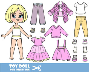 Cartoon blond girl with short bob and clothes separately -   pink shirts, long sleeve,  skirt, sandals, jeans and sneakers