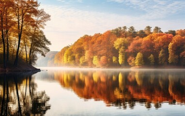 A scenic landscape with a tranquil lake surrounded by trees in their fall colors, capturing the reflective and peaceful ambiance that autumn brings to natural settings