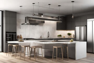 3D rendering of a modern kitchen with minimalist design. Highlight clean lines, high-tech appliances, and a monochromatic color scheme for a sophisticated culinary space.