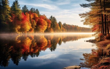 A scenic landscape with a tranquil lake surrounded by trees in their fall colors, capturing the reflective and peaceful ambiance that autumn brings to natural settings