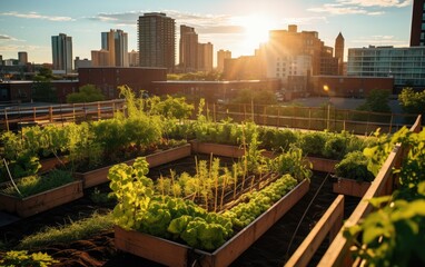 Fototapeta premium Rewilded rooftop garden on a city skyscraper, featuring native plants, demonstrating the potential of incorporating green spaces into urban architecture