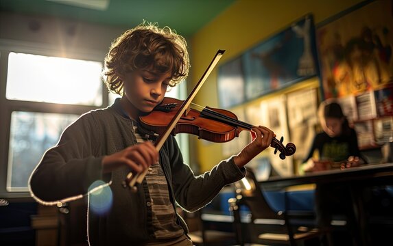 A boy playing violin at school