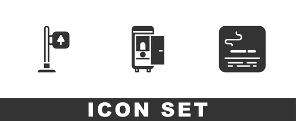Set Road traffic signpost, Toilet in the train car and Smoking area icon. Vector