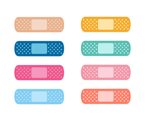First aid band plaster strip, medical patch icon set. First aid bandages icon set in different colors
