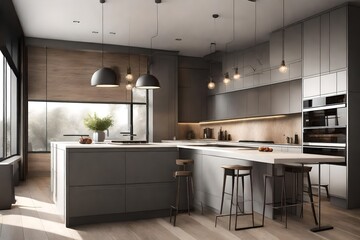Fototapeta na wymiar 3D rendering of a modern kitchen with minimalist design. Highlight clean lines, high-tech appliances, and a monochromatic color scheme for a sophisticated culinary space.