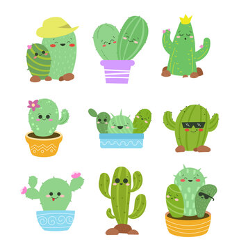 Cute cactus cartoon character. Hand style. Funny plants with different emotions. Vector drawing. Collection of design elements.