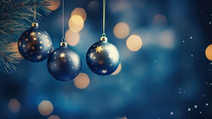 Fototapeta premium Baubles with ornaments on fir branches with glittering on blue bokeh background created with Generative AI