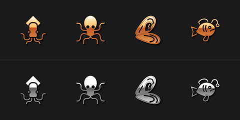 Set Octopus, , Mussel and Tropical fish icon. Vector