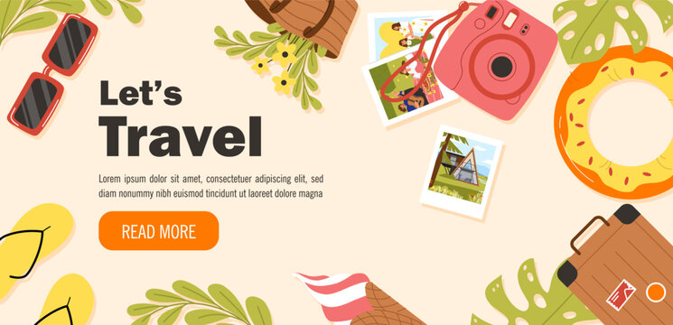 Travel header banner. Camera with photos near hat and sunglasses. Rubber ring near luggage and ice cream. Holiday and vacation. Landing page design. Cartoon flat vector illustration