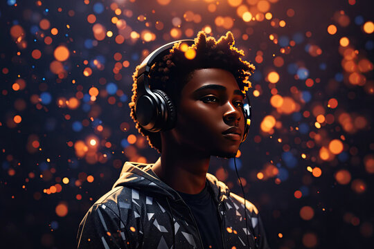 african american teenager with headphones against abstract background. ai generative