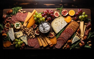 Flat lay shot of cheese and charcuterie board with different cheeses, meats, and fruits