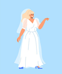 Woman in wedding dress concept. Young girl at marriage, bride and wife. Pretty and beauty person at marriage. Poster or banner. Cartoon flat vector illustration isolated on blue background