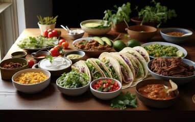 Delicious tacos filled with various vegetables and meat next to the various sauces and herbs on a wooden surface
