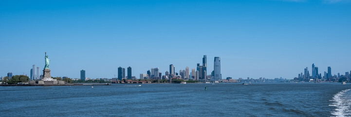 View of the Statue of Liberty, a colossal neoclassical sculpture on Liberty Island in New York Harbor in New York City, in the United States.