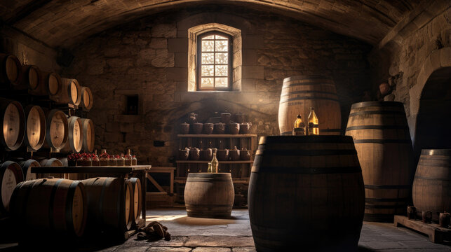 Oak wine barrels in the wine cellar. Generative AI